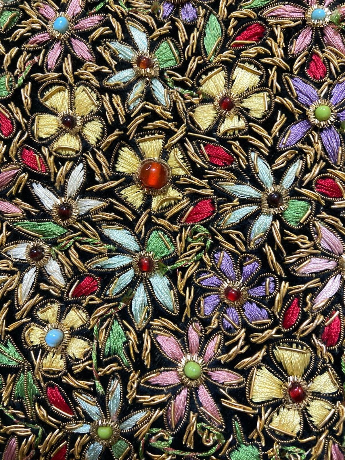 Vintage Handmade Zardozi Tapestry Gemstone Gold Thread Embroidered Jewel Carpet photo buy