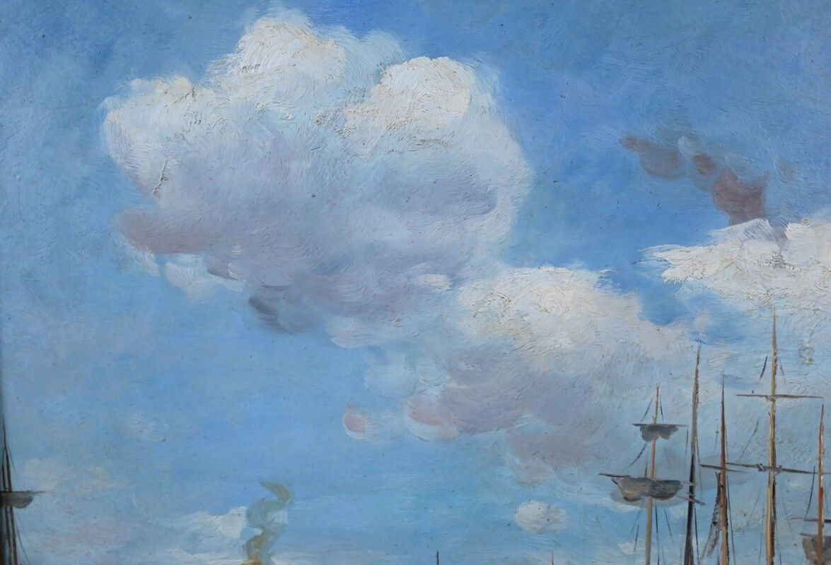 1210.0 Painting “Port Scene”, Oil On Canvas, Signed F. Nicoli – 20th Century photo