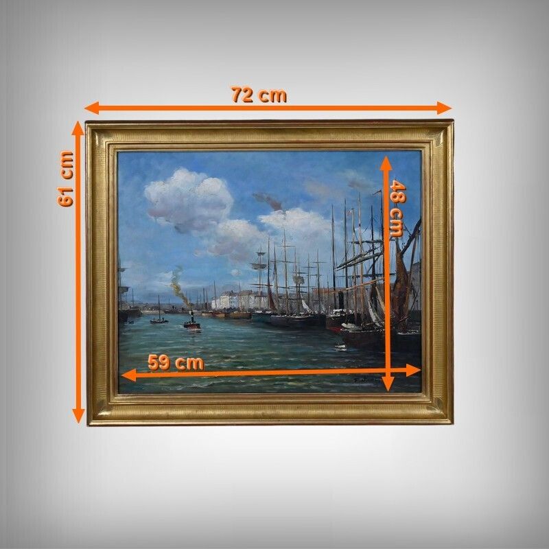 photo buy Painting “Port Scene”, Oil On Canvas, Signed F. Nicoli – 20th Century