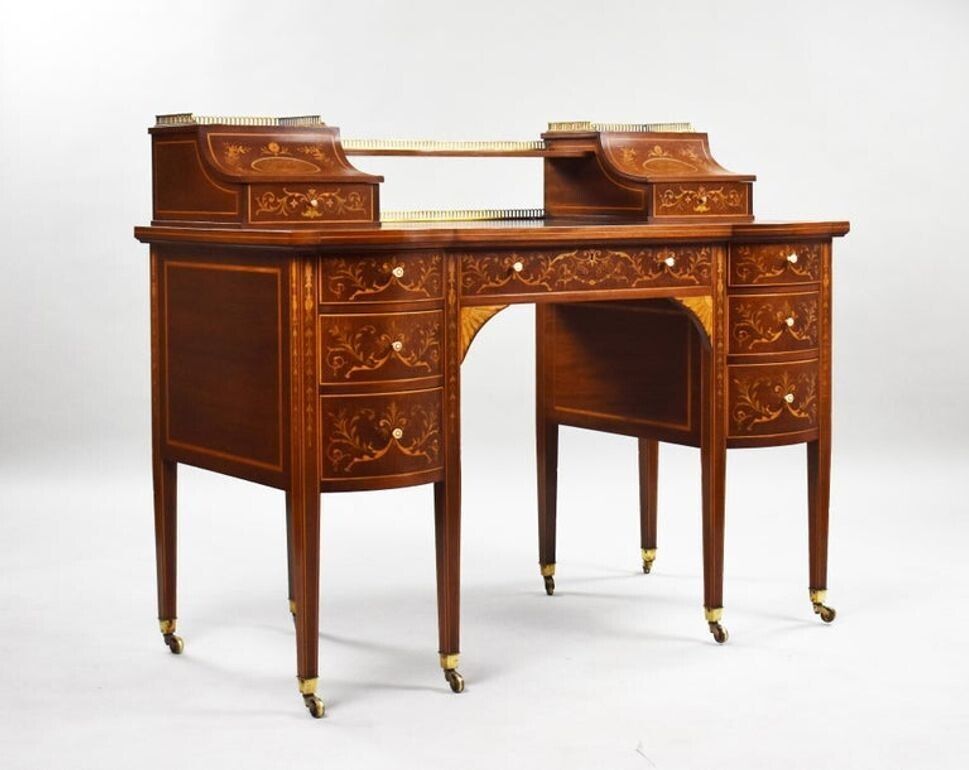 Victorian Sheraton Revival Marquetry Inlaid Carlton House Desk photo furniture