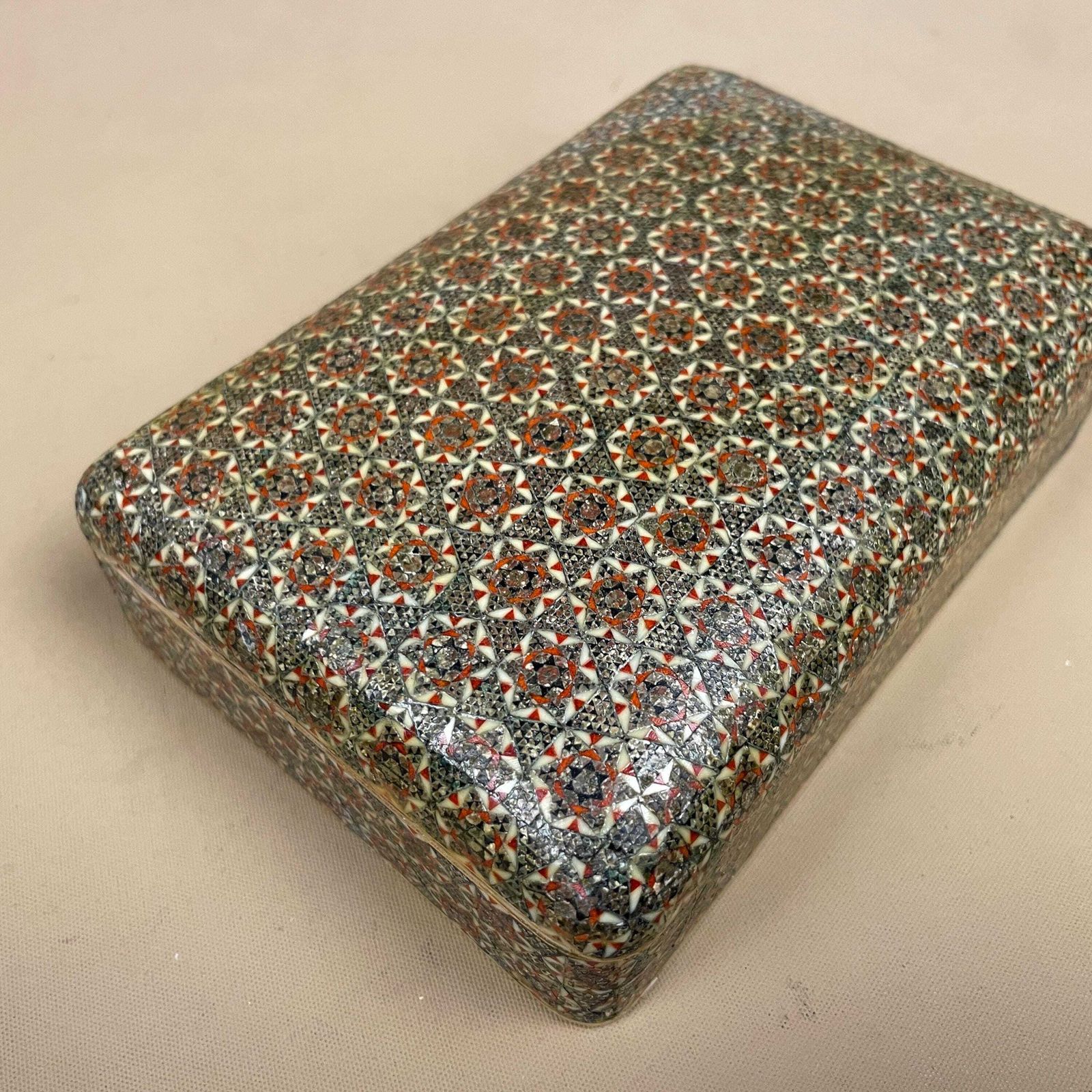 Middle Eastern Box Wooden Inlay Mosaic Pattern Trinket Jewellery Rectangle Antique Keepsake Storage Fine Detail Marquetry Hand Crafted photo Home Decor