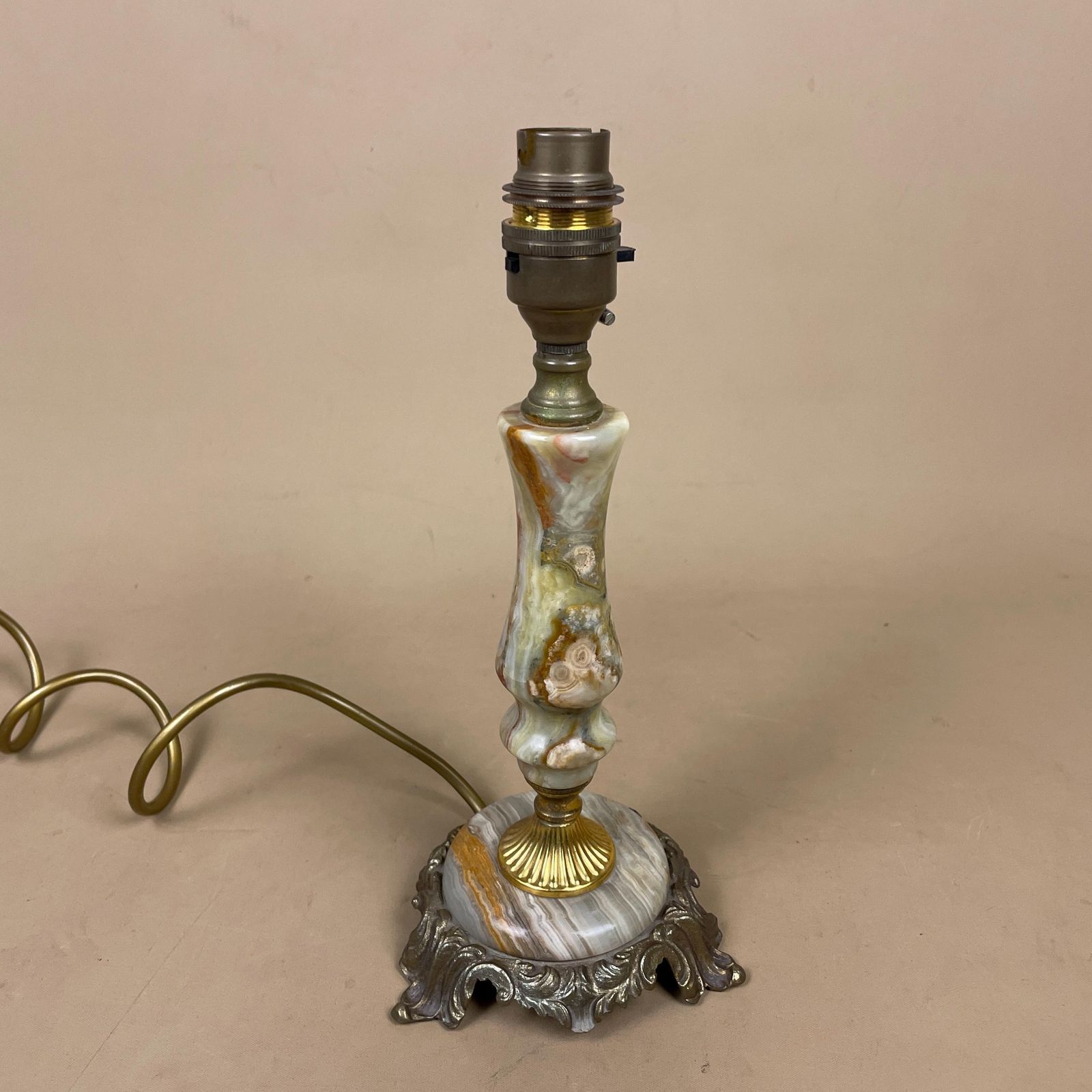 Green Onyx Marble Lamp Light Bedside Brass Gold Metal Ornate Base Marbled Pattern Heavy Classic Column Natural Stone Antique Vintage Side