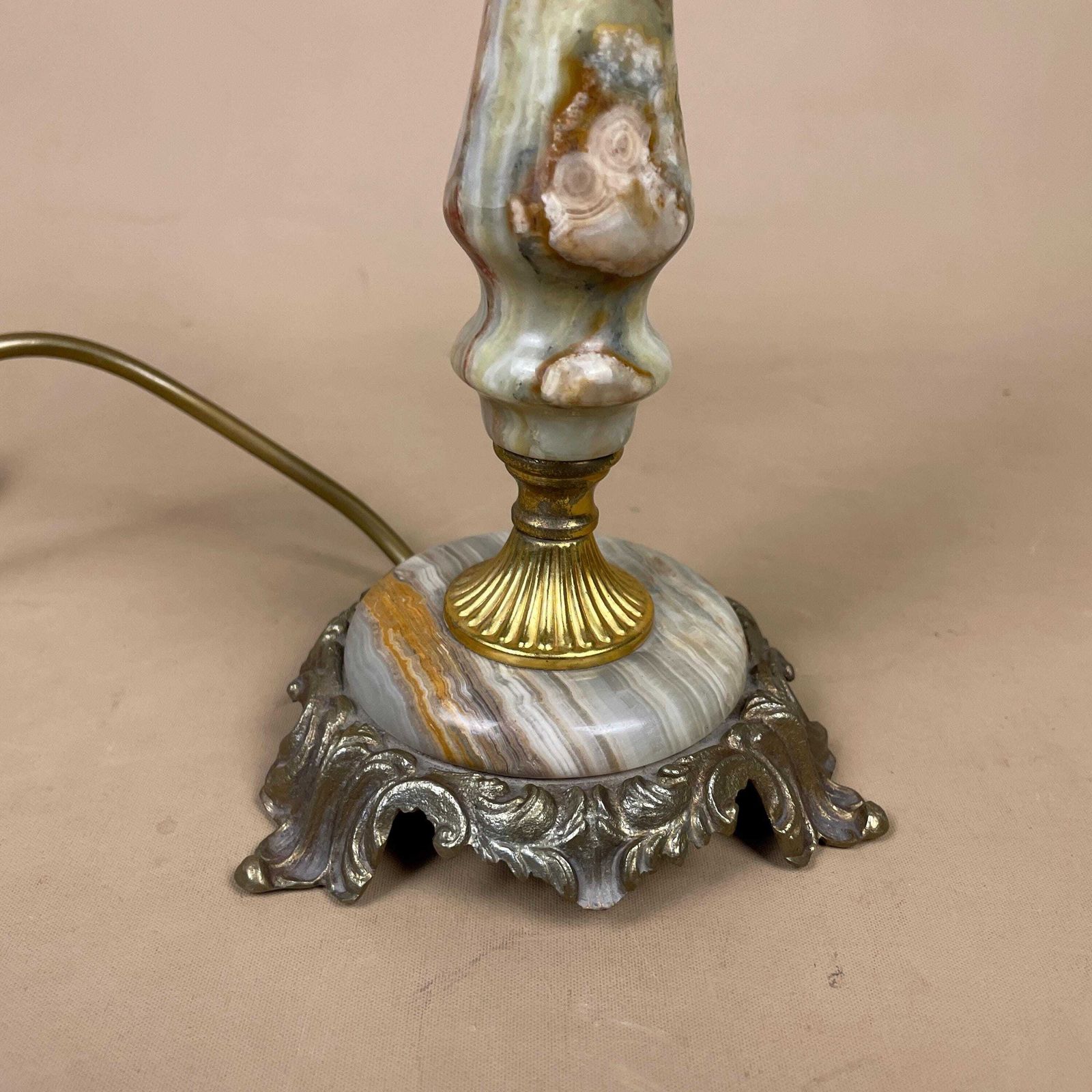 Green Onyx Marble Lamp Light Bedside Brass Gold Metal Ornate Base Marbled Pattern Heavy Classic Column Natural Stone Antique Vintage Side photo furniture