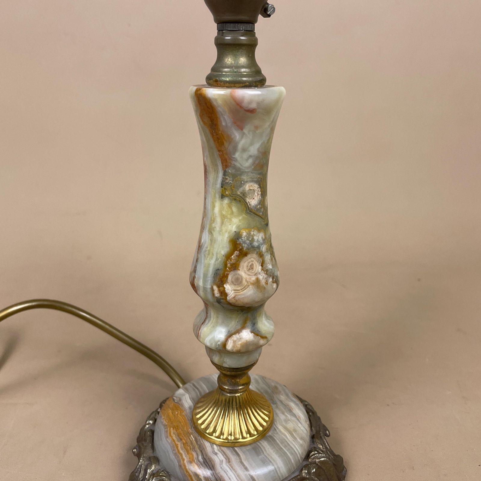 Green Onyx Marble Lamp Light Bedside Brass Gold Metal Ornate Base Marbled Pattern Heavy Classic Column Natural Stone Antique Vintage Side photo for sale