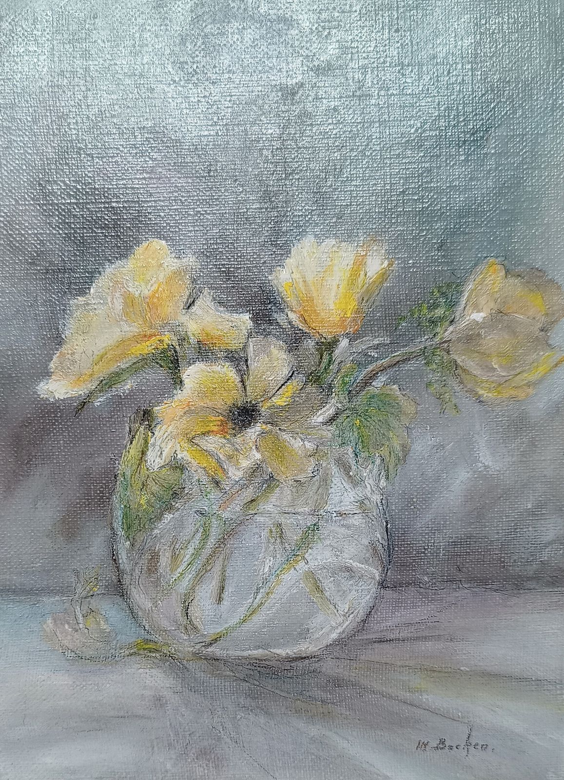 Floral Oil Painting Still Life Yellow Flowers In A Glass Signed. photo Art