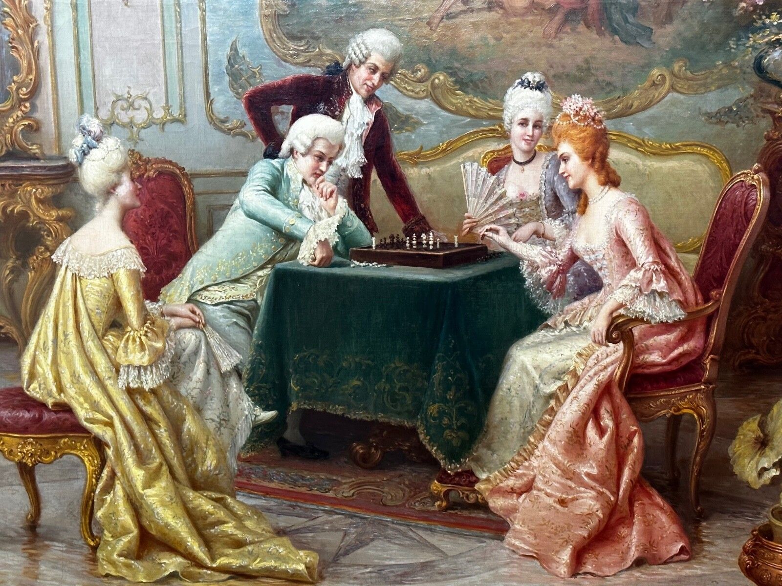 19e-eeuws olieverfchilderij "A Chess Problem", gesigneerd door Carlo Ferranti, verguld ingelijst photo furniture