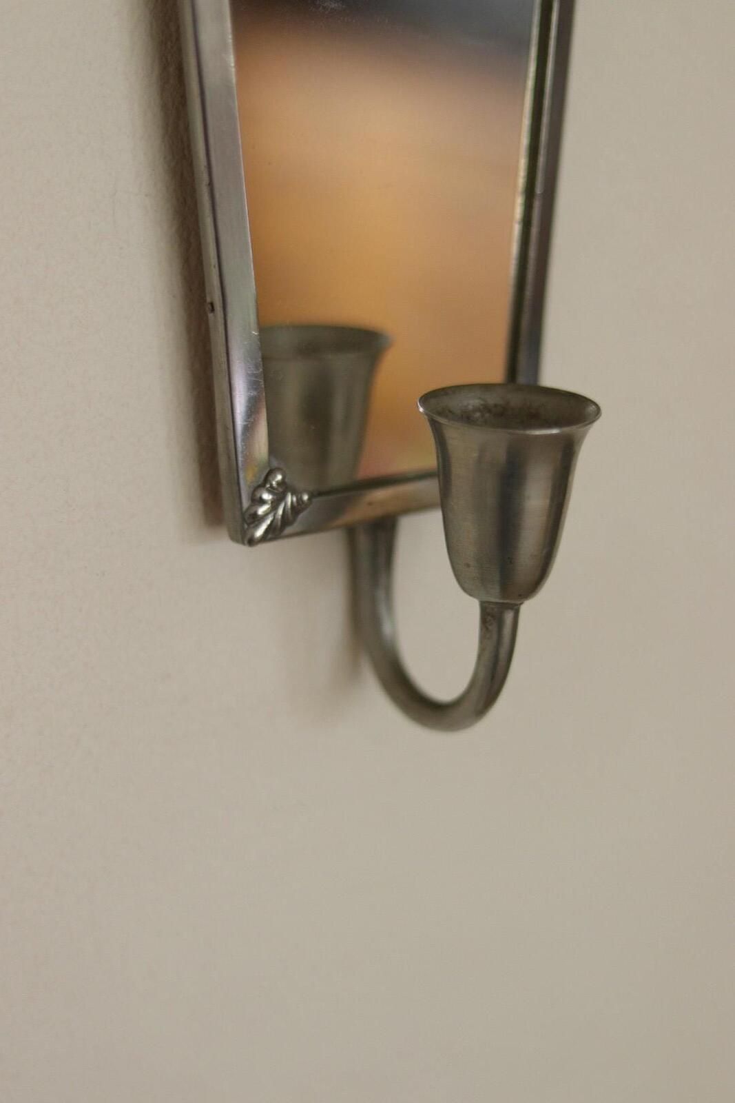 photo for sale Pair Of Mid Century Swedish Pewter Sconces With Mirror