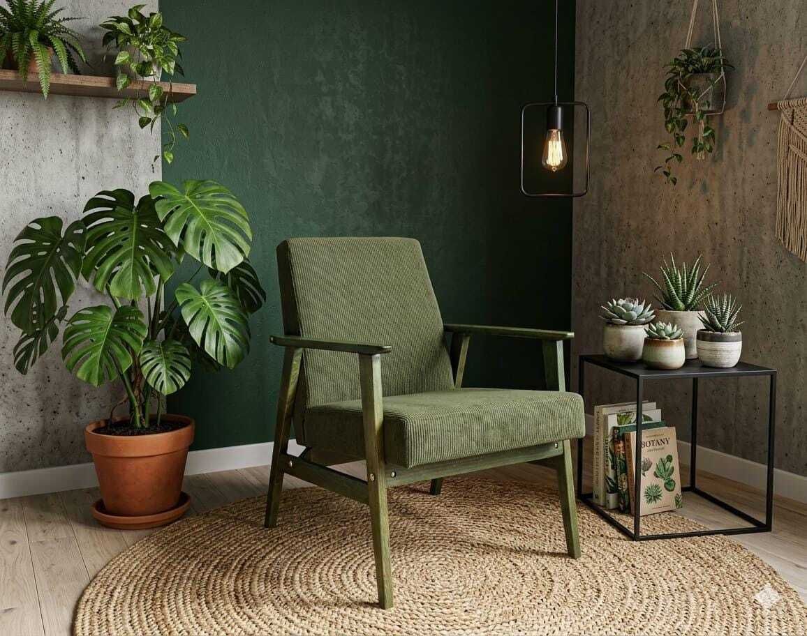 Lounge Chair Vintage Olive Green Corduroy ,Green Wood Mid Century Design, 1960,