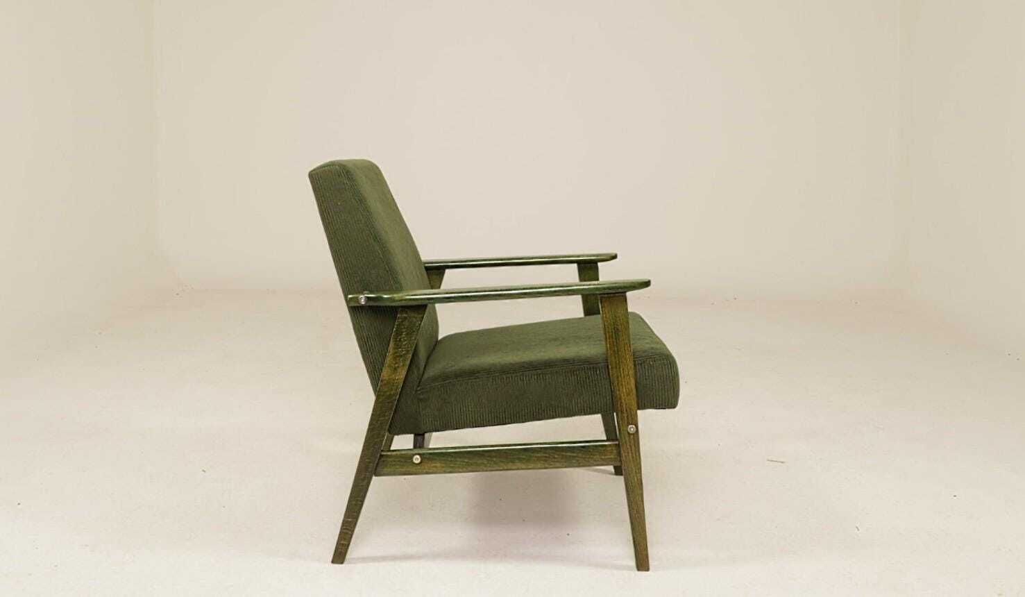 Lounge Chair Vintage Olive Green Corduroy ,Green Wood Mid Century Design, 1960, photo furniture
