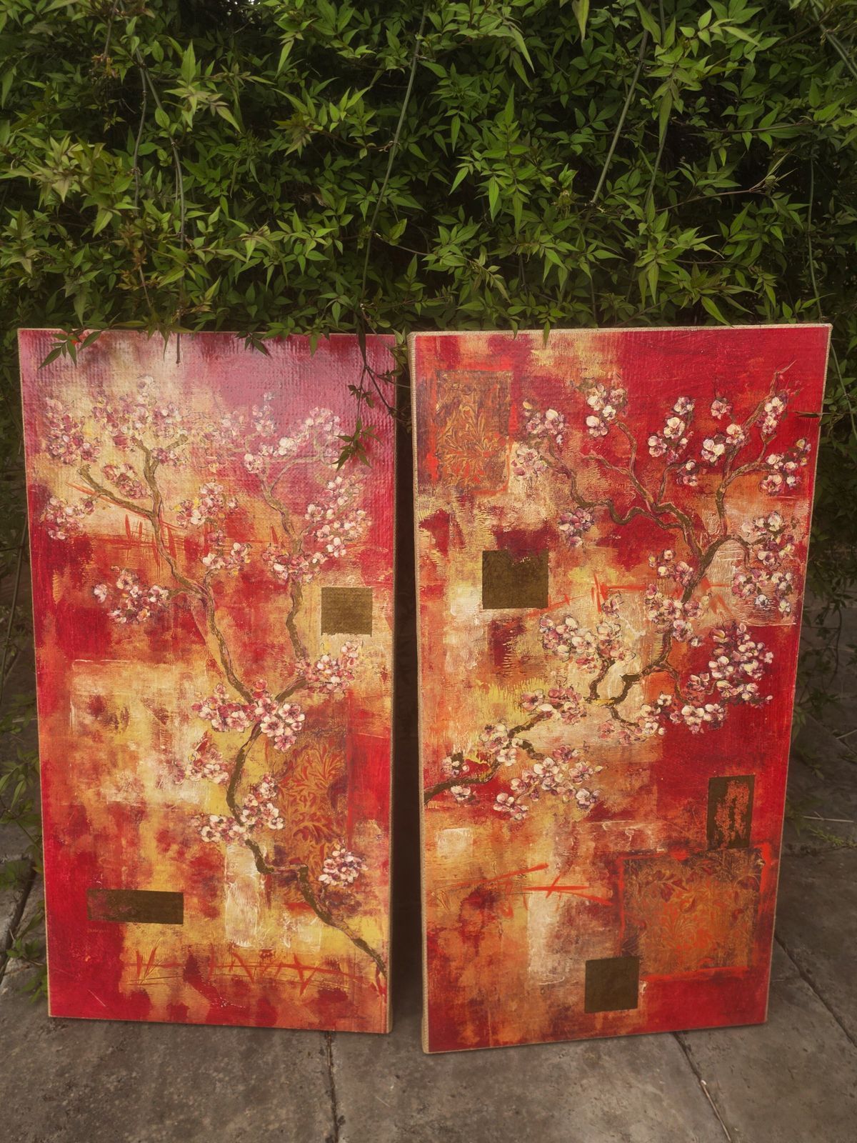 Pair Of Tall And Vibrant Red Oriental Prints By Laurel Lehman