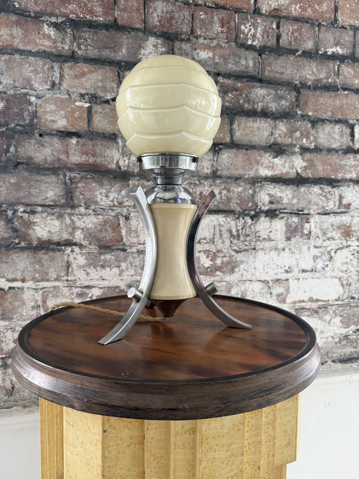 photo for sale French Art Deco Table Lamp, Pale Lemon Body, Chrome Legs, Globe Shade