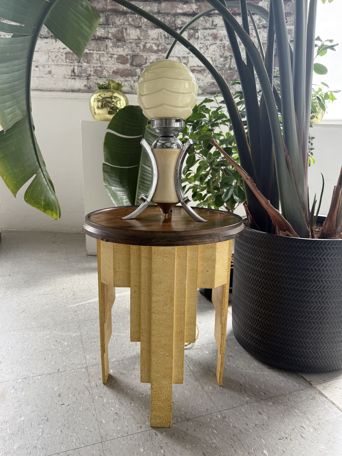 Lighting French Art Deco Table Lamp, Pale Lemon Body, Chrome Legs, Globe Shade photo