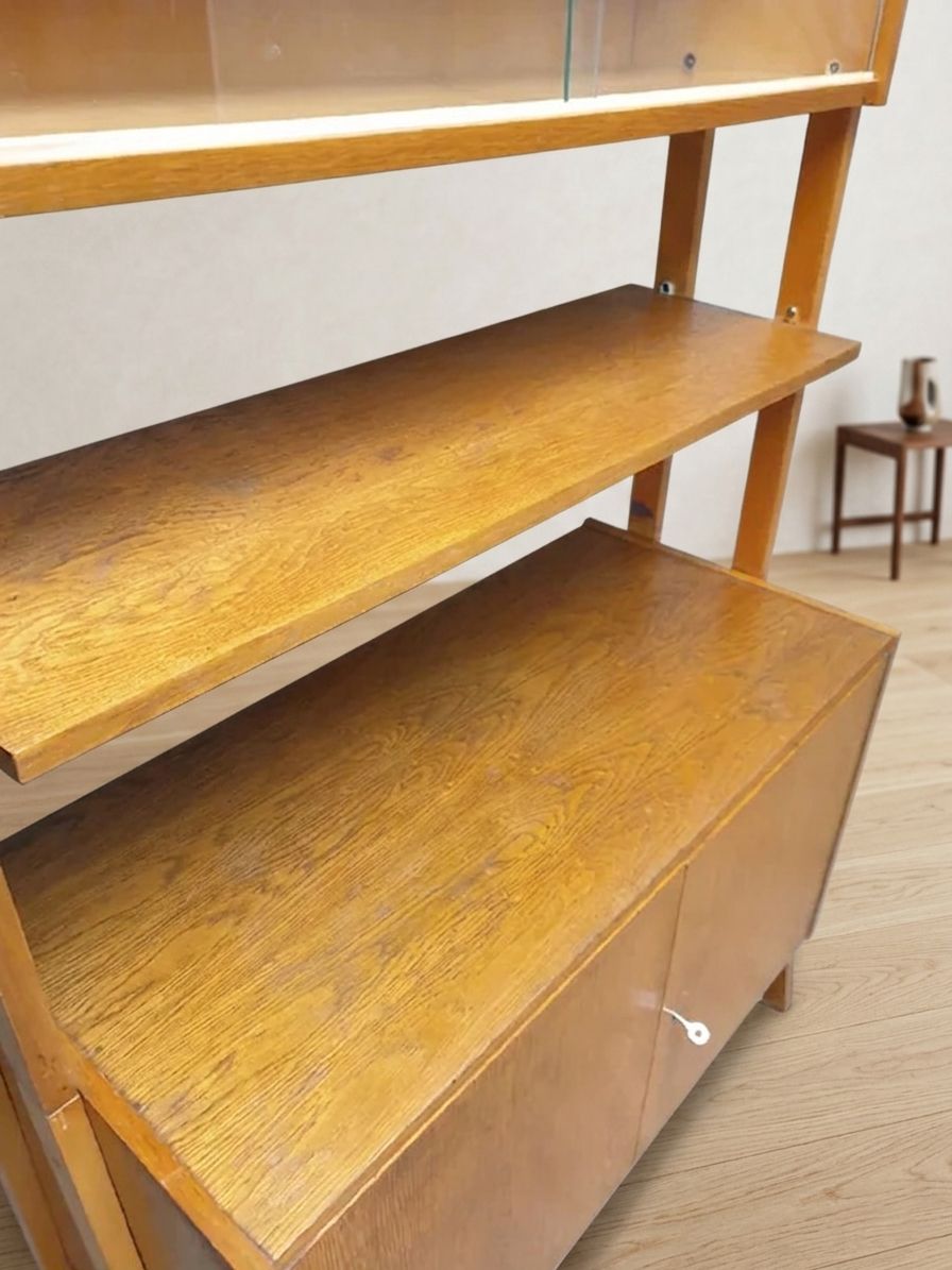 Wall Shelf Bookcase By František Jirák For Tatra Nábytok, Mid Century Oak Veneer Storage Cabinet, 1960s, Czechoslovakia photo furniture