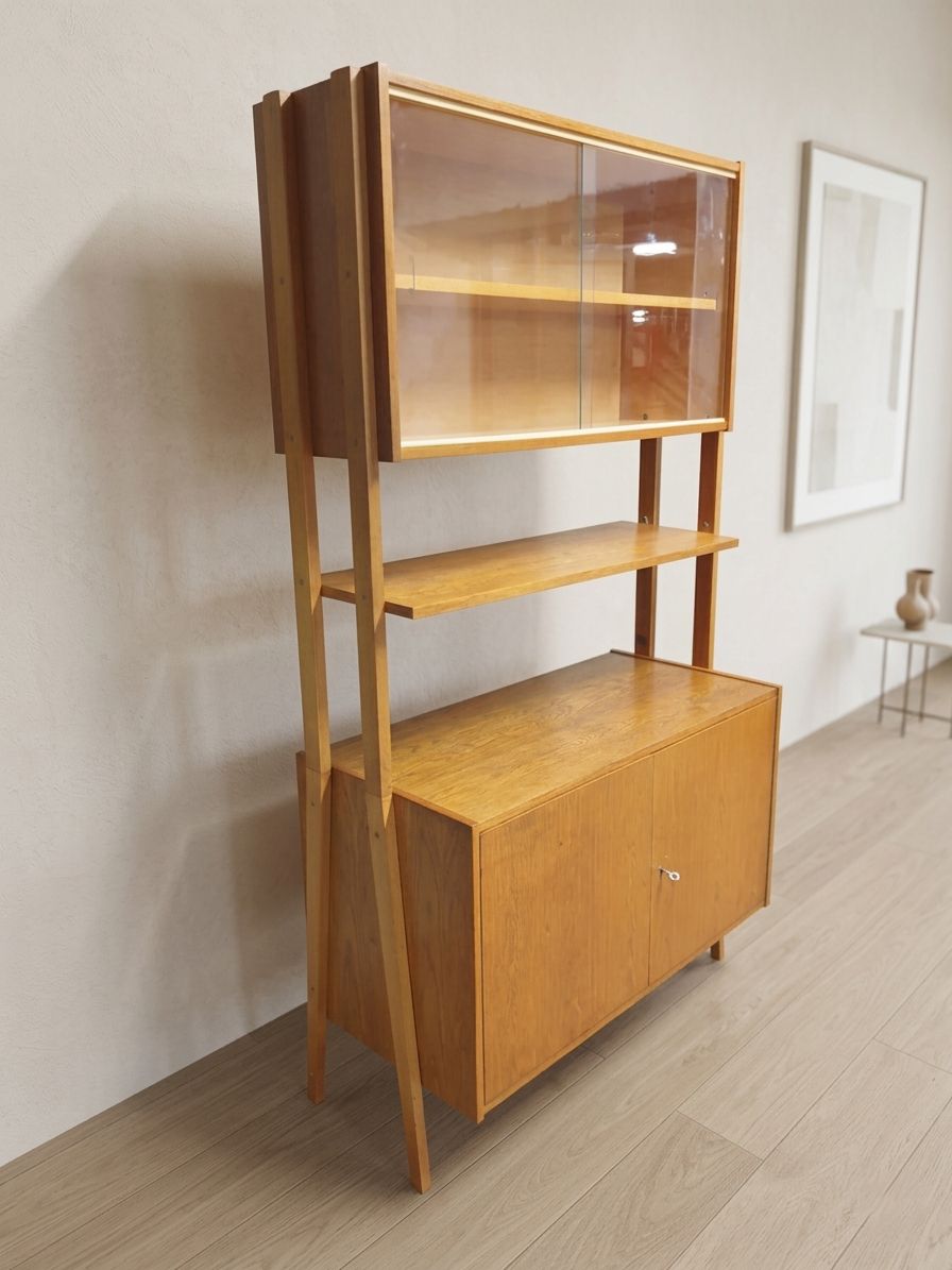 Wall Shelf Bookcase By František Jirák For Tatra Nábytok, Mid Century Oak Veneer Storage Cabinet, 1960s, Czechoslovakia photo vinterior