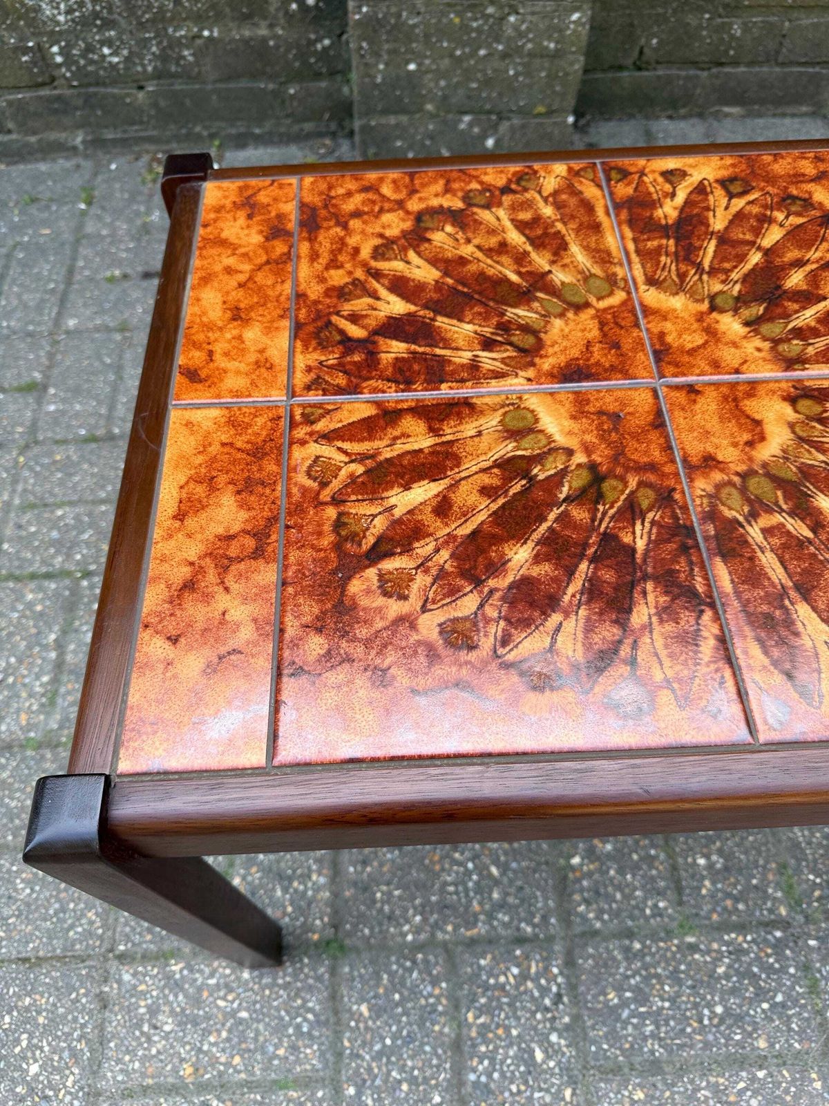 Vintage 1980s Tile Top Coffee Table Mid Century Style Ceramic (Stamped 1981) L photo vinterior