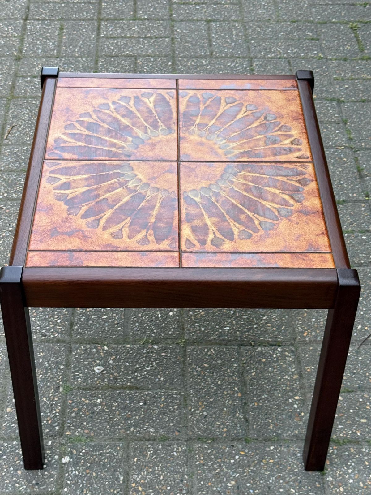 photo for sale Vintage 1980s Tile Top Coffee Table Mid Century Style Ceramic (Stamped 1981) M