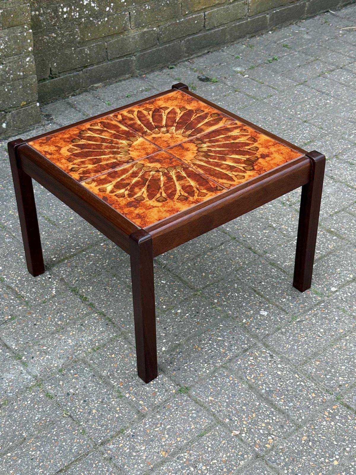 195.0 Vintage 1980s Tile Top Coffee Table Mid Century Style Ceramic (Stamped 1981) S photo