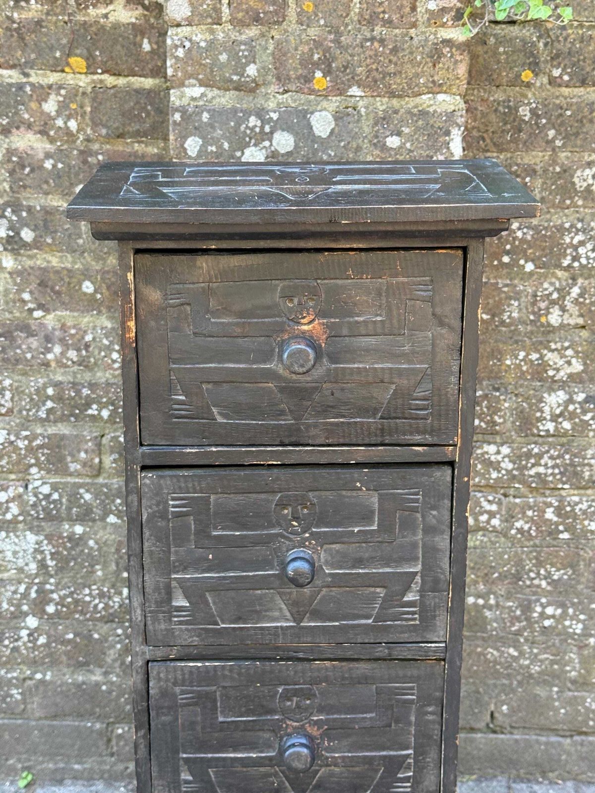 Vintage Rustic Folk Art Drawer Cabinet Black Carved Wood Storage Unit photo vinterior