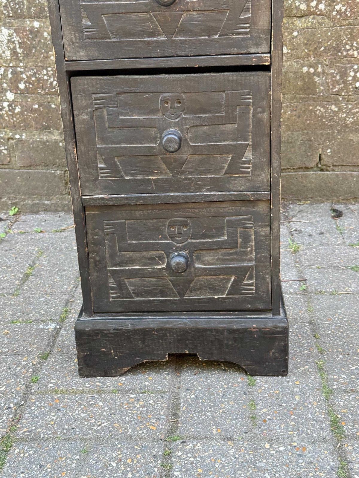 Furniture Vintage Rustic Folk Art Drawer Cabinet Black Carved Wood Storage Unit photo