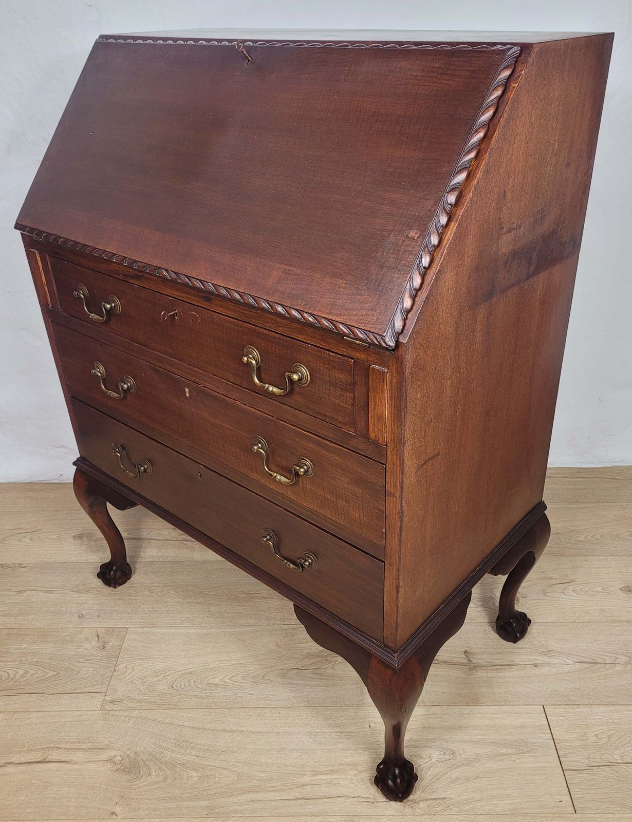 Vintage Writing Bureau Desk Key Lockable Drawers Leather 1930 photo 690.0