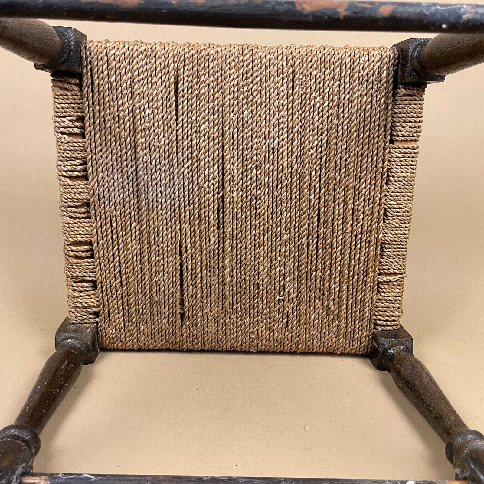 photo for sale Antique Wooden Foot Stool Woven String Wood Cottage Furniture Rectangle Brown Hallway Seat 29.5x34x30cm Footstool Bench Natural Rush Seat