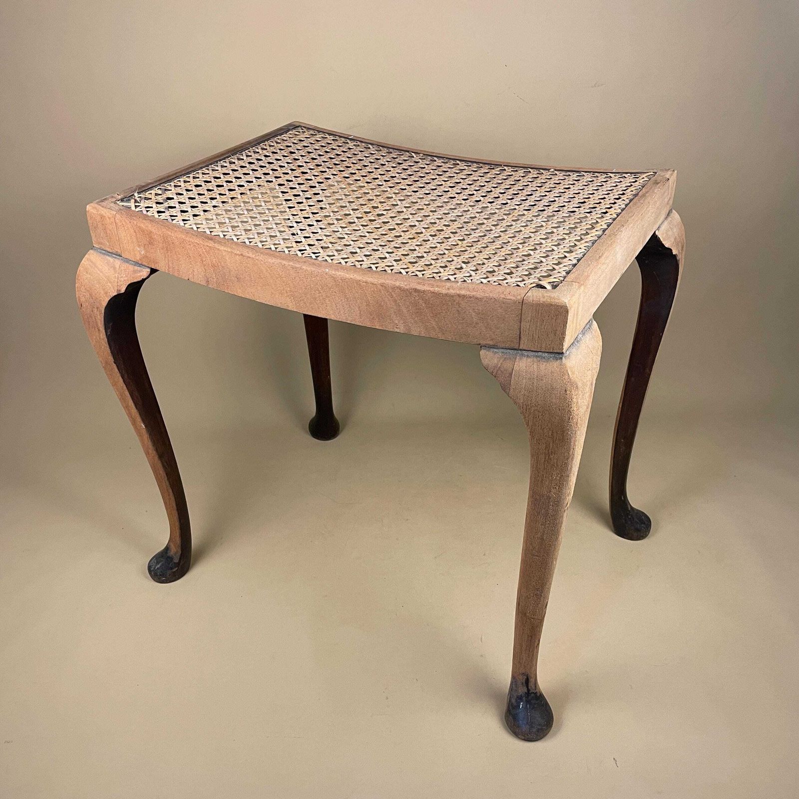 Antique Cane Seat Stool Wood Cabriole Leg Bench Vintage Elegant Traditional Curved Rattan Footstool Hallway Accent Queen Anne Style Project