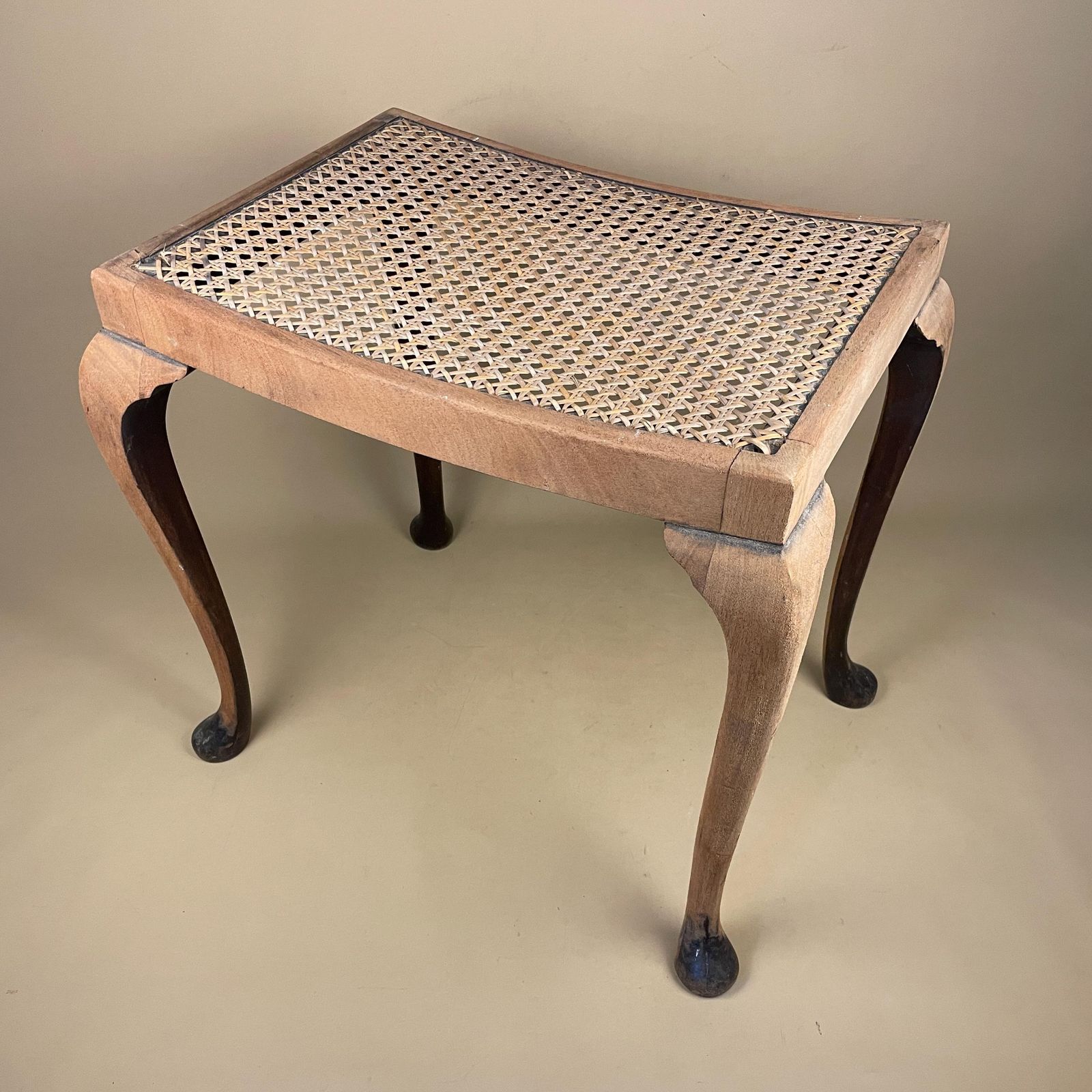 Antique Cane Seat Stool Wood Cabriole Leg Bench Vintage Elegant Traditional Curved Rattan Footstool Hallway Accent Queen Anne Style Project photo for sale