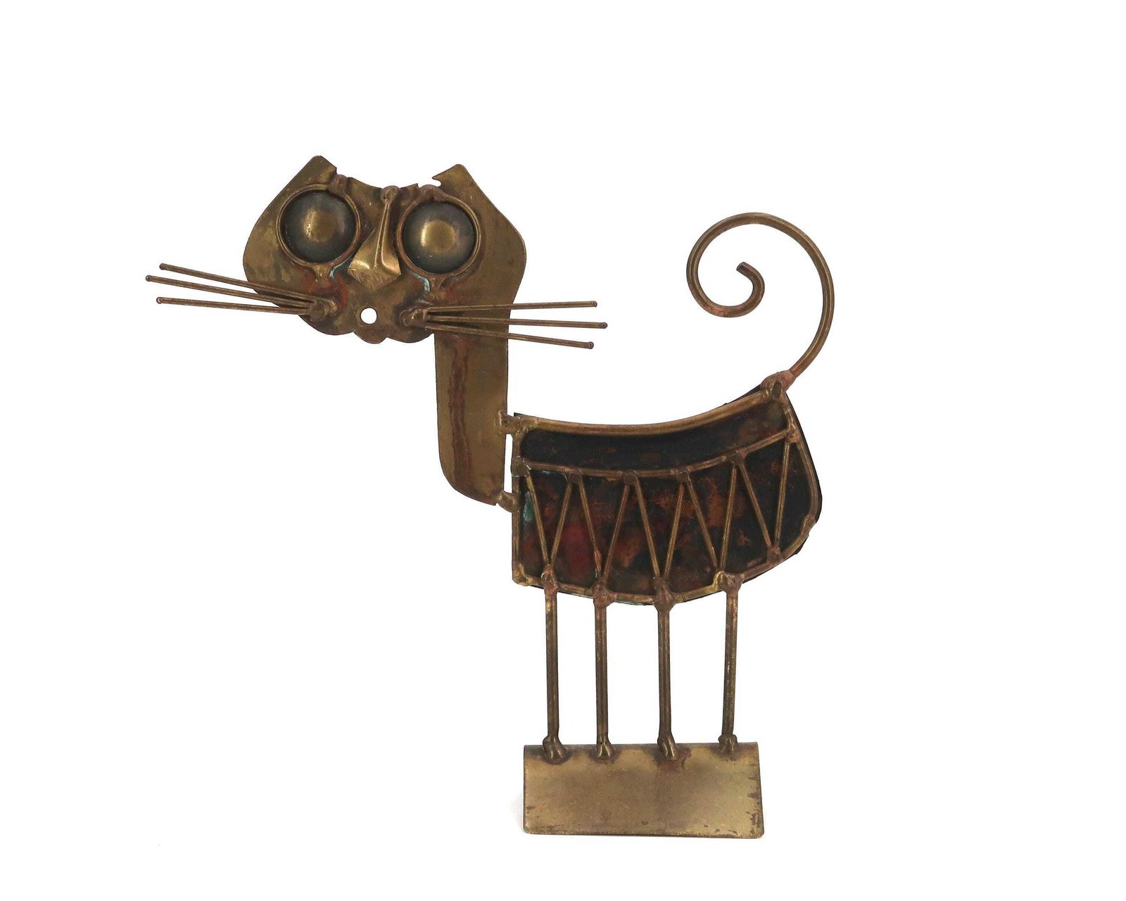 Brass And Copper Cat Sculpture By Jarc, 1950s / Brutalist Art, Home Decor, C Jere Style, Modernist, Modernism