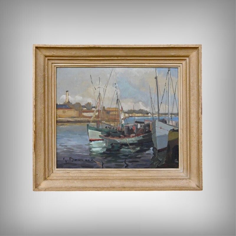 Painting "Tuna Boats At Quayside", Oil On Panel, Signed G. Boulard – Mid 20th Century
