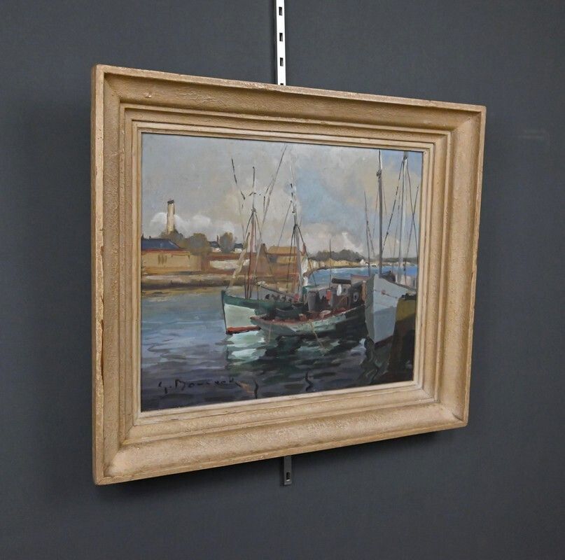 Painting "Tuna Boats At Quayside", Oil On Panel, Signed G. Boulard – Mid 20th Century photo for sale