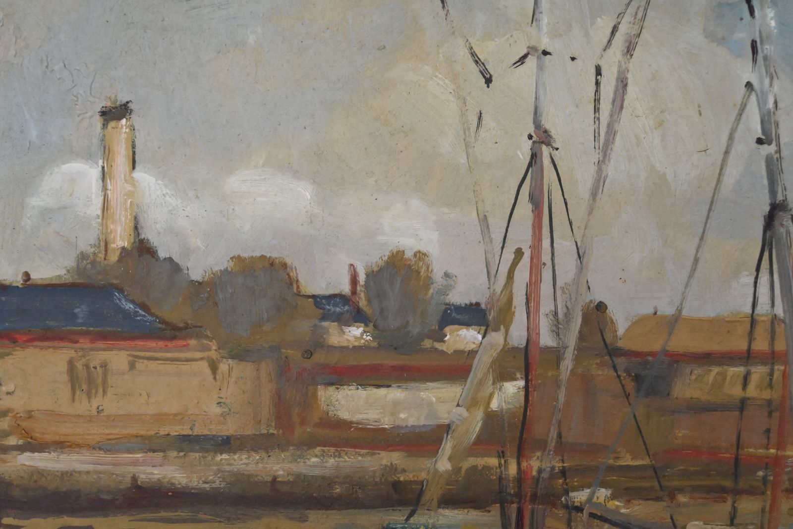 Painting "Tuna Boats At Quayside", Oil On Panel, Signed G. Boulard – Mid 20th Century photo vintage