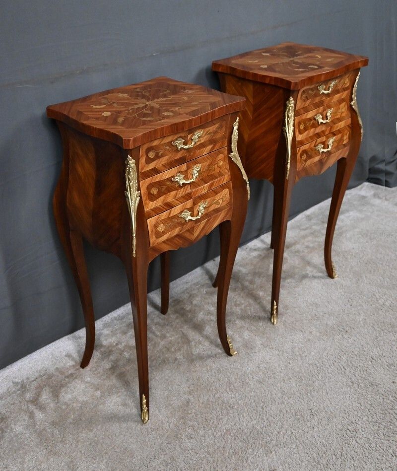 Pair Of Marquetry Bedside Tables, Louis XV Style – Mid 20th Century photo for sale