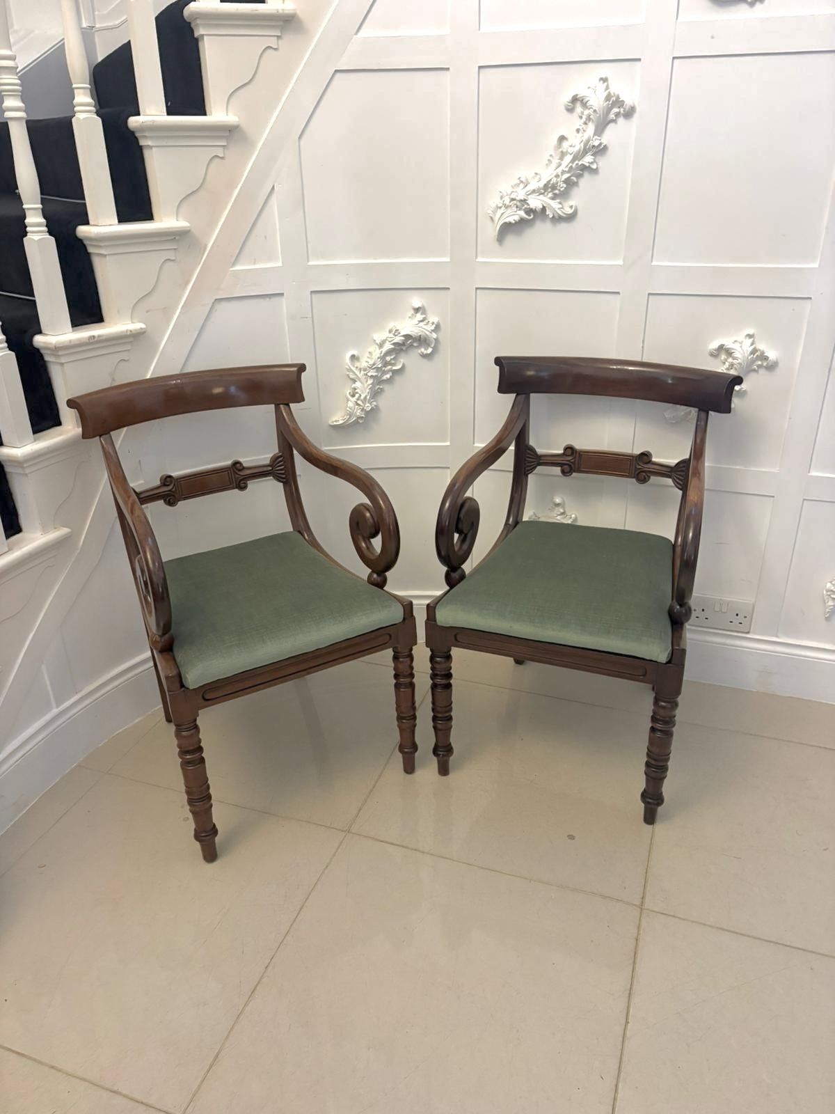 photo for sale Antique 19th Century Mahogany Set Of 8 Dining Chairs With Scroll Arm Carvers