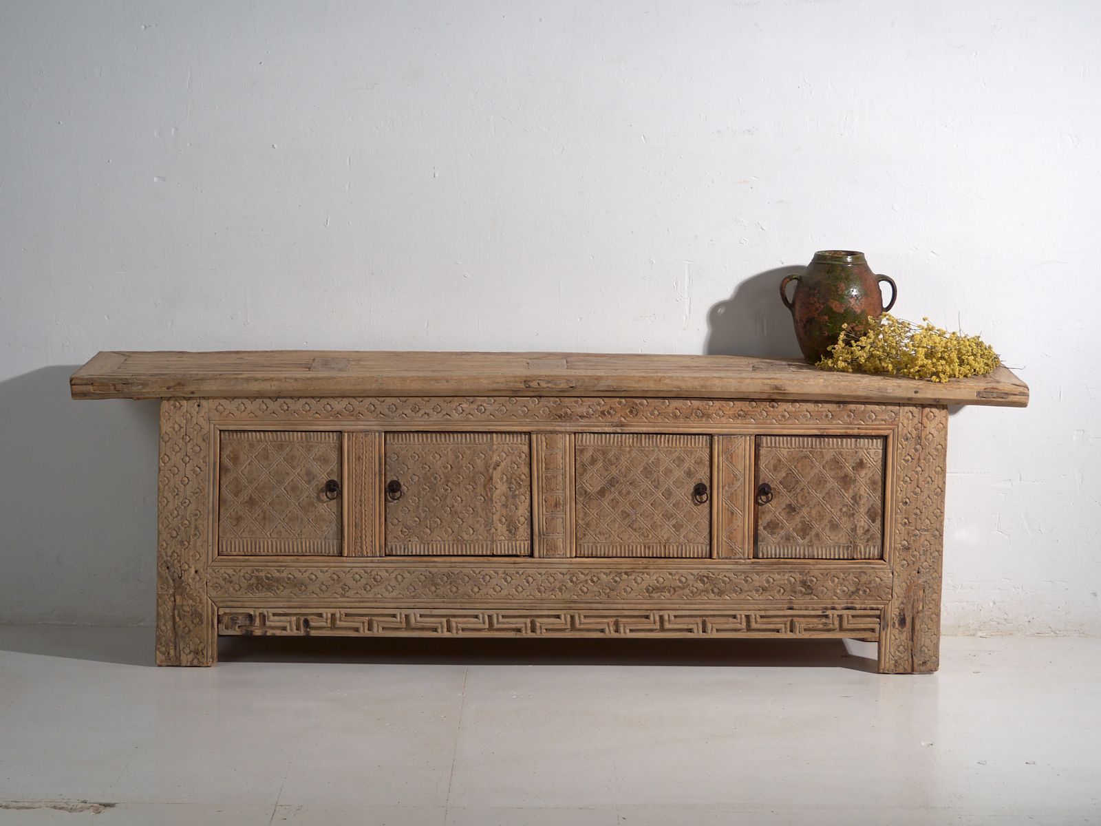photo vinterior Antique Carved Low Sideboard In Pine Wood  China Circa 1900