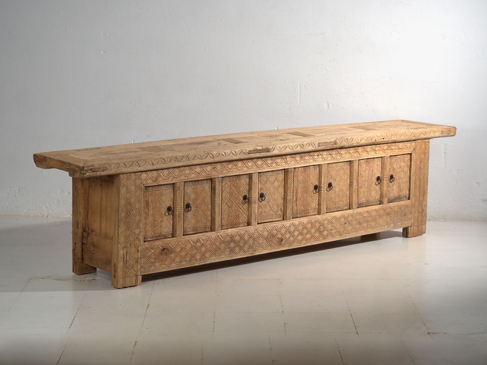 Antique Carved Low Sideboard In Pine Wood  China  Circa 1900