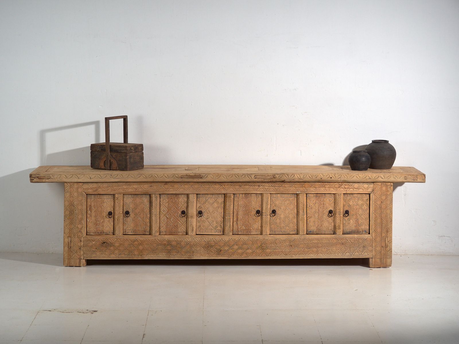 photo vinterior Antique Carved Low Sideboard In Pine Wood  China  Circa 1900