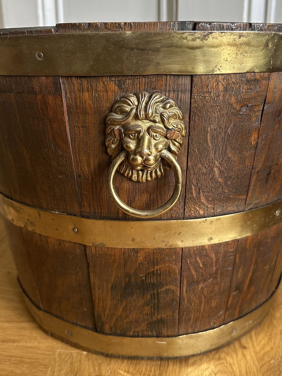 Antique Brass Bound Oak Ice Bucket With Lion Mask Handles photo furniture
