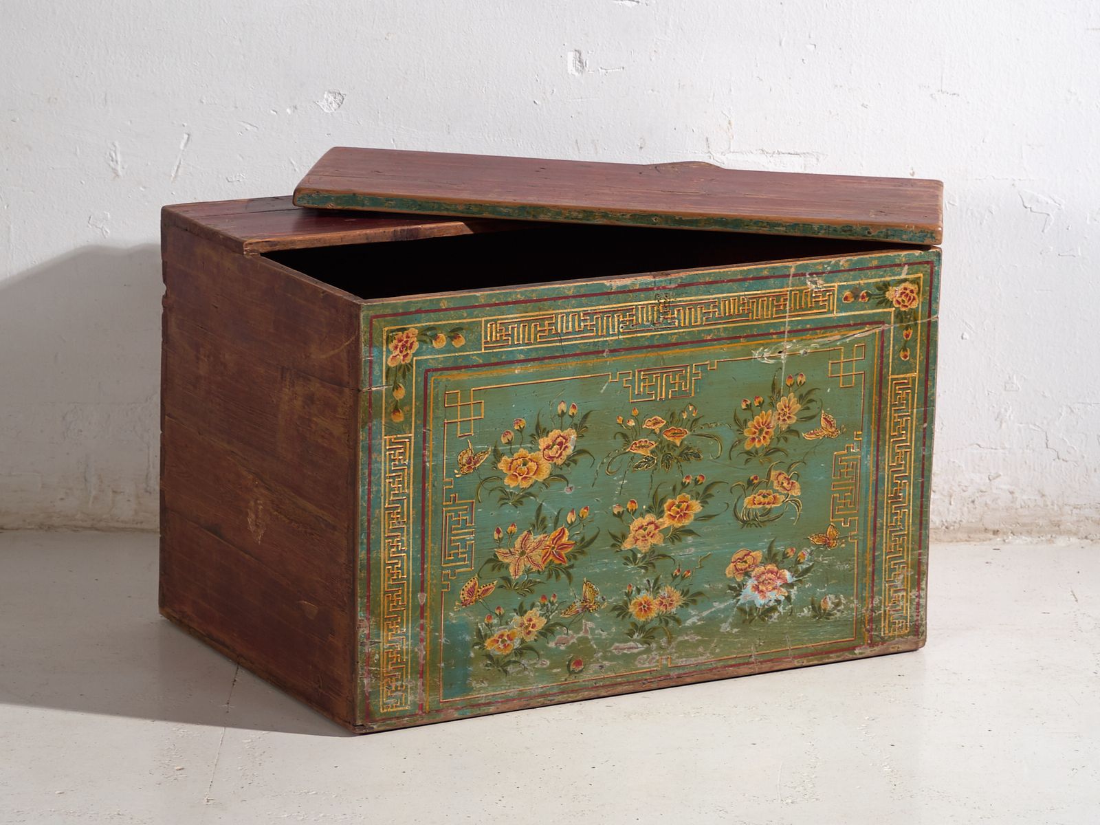 Antique Painted Chinese Trunk In Pine Wood – China, C.1900 photo for sale