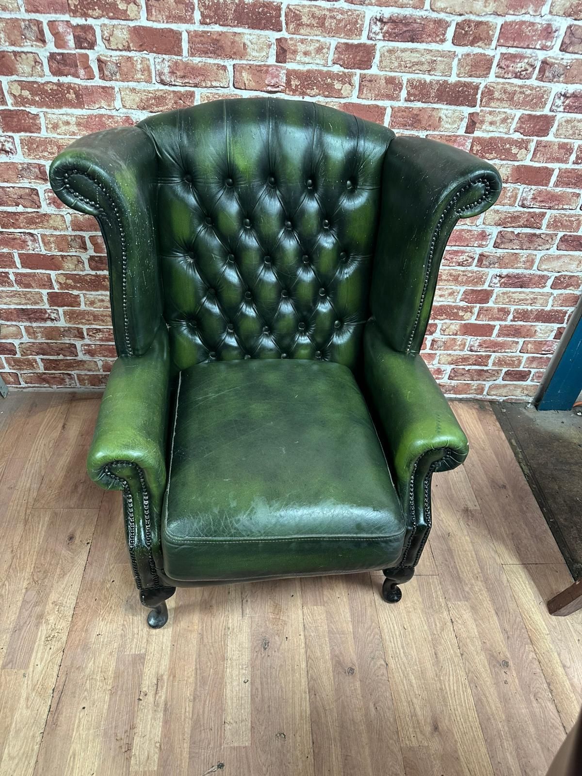 Vintage Green Leather Chesterfield Wingback Armchair – Aged Patina