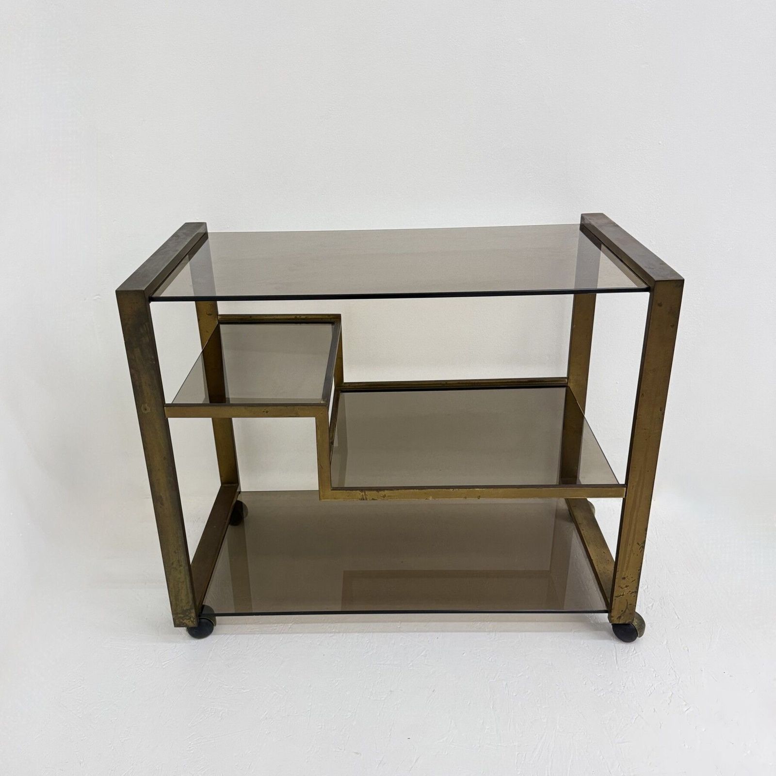Meubels Mid Century Messing Barwagen Met Rookglas, Jaren 1970 photo