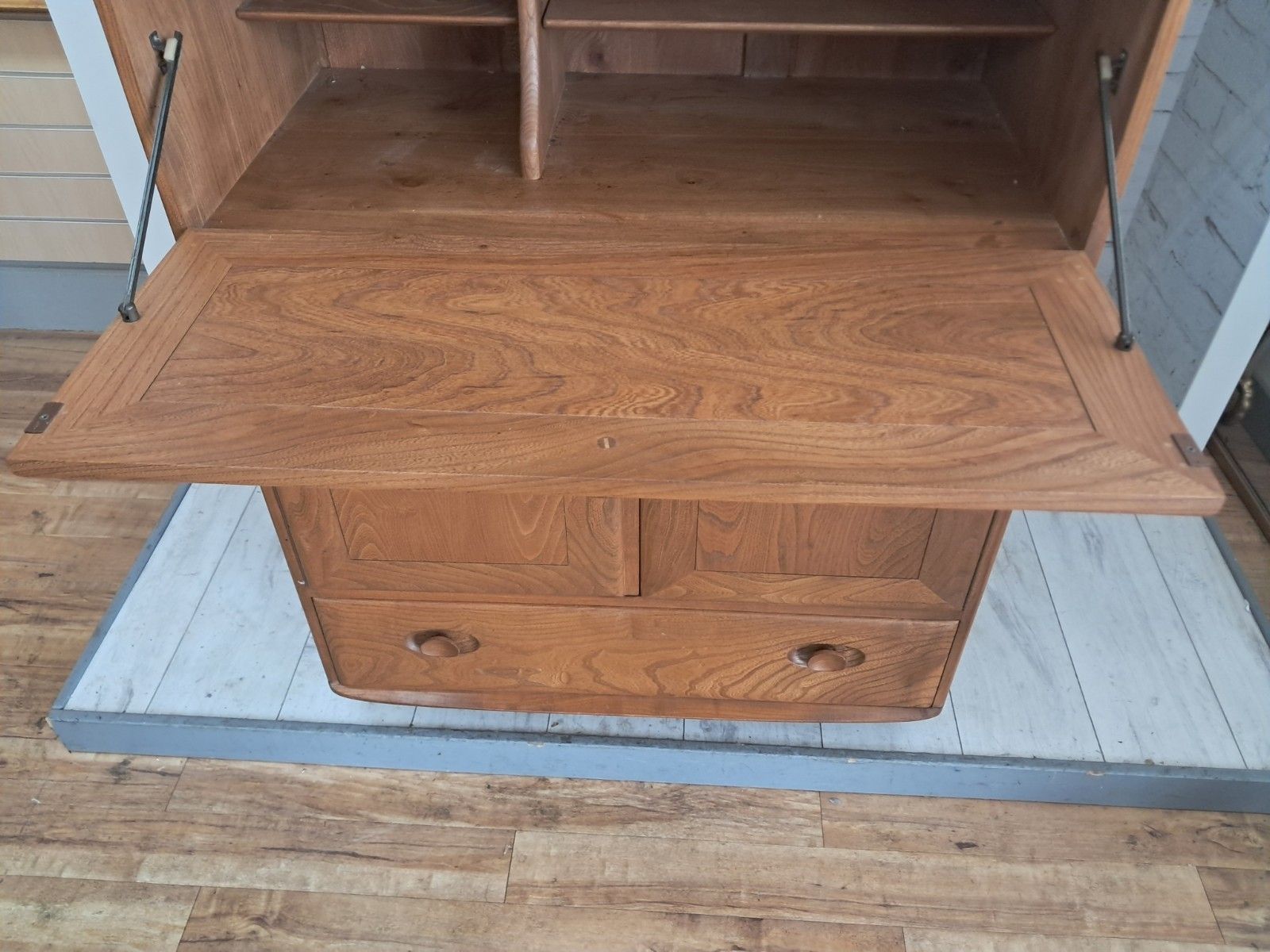 Furniture Mid Century Ercol Drinks Cabinet Writing Bureau Laptop Desk Workstation Elm photo