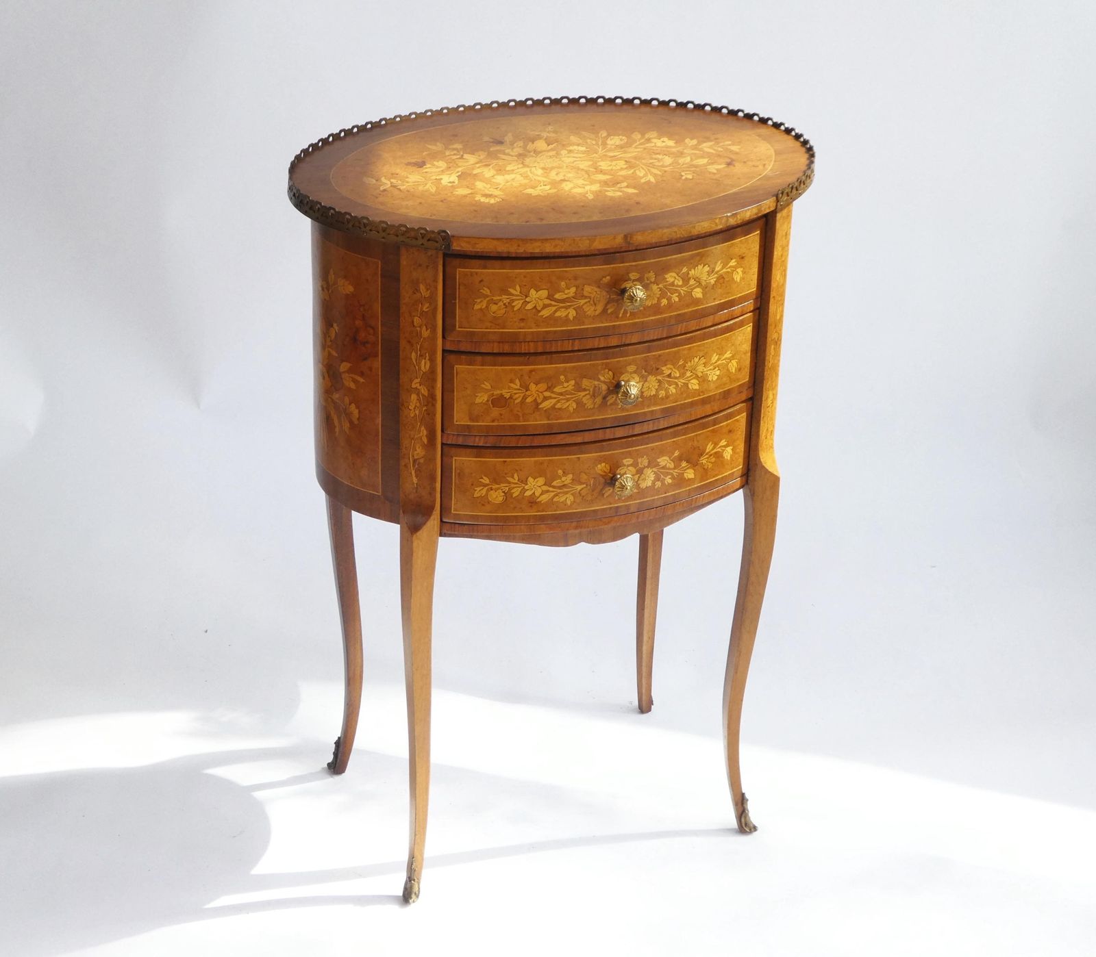 Oval French Inlaid Louis XV Nightstand, Antique Marquetry Side Table, Chest With Drawers And Floral Details photo furniture