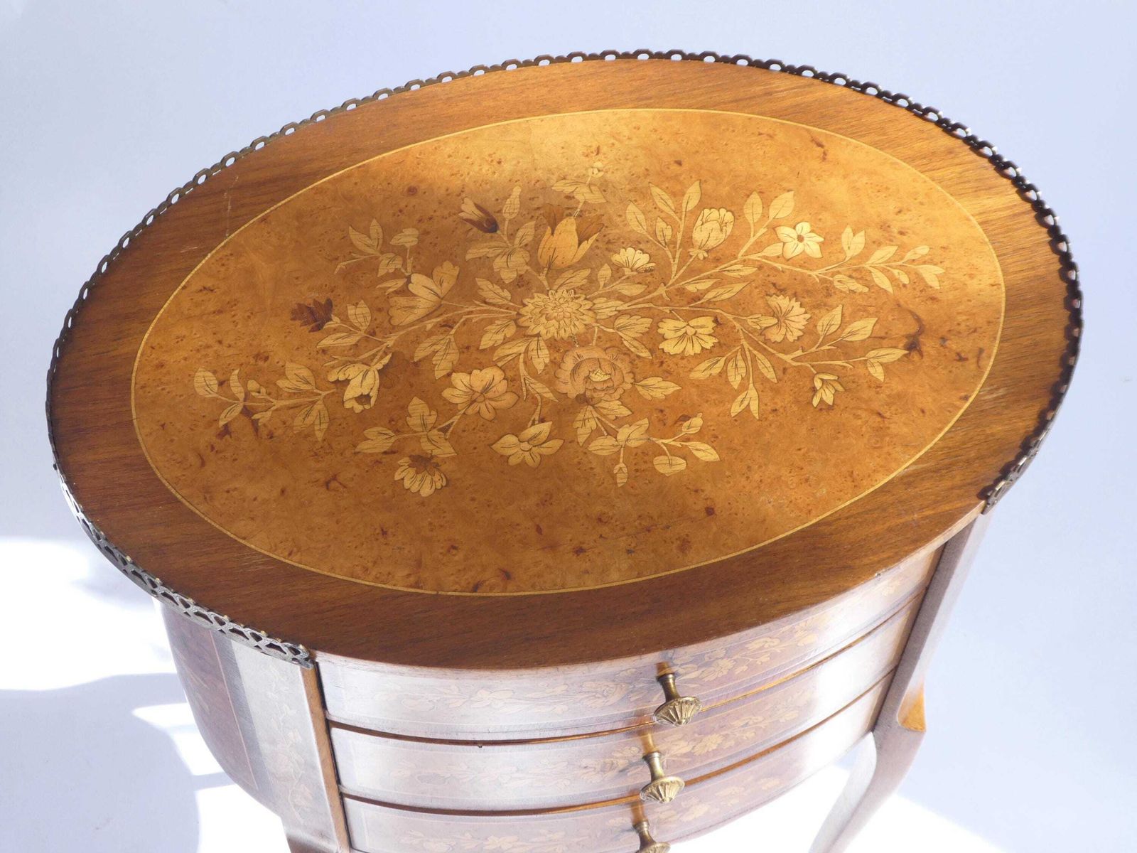 Oval French Inlaid Louis XV Nightstand, Antique Marquetry Side Table, Chest With Drawers And Floral Details photo for sale