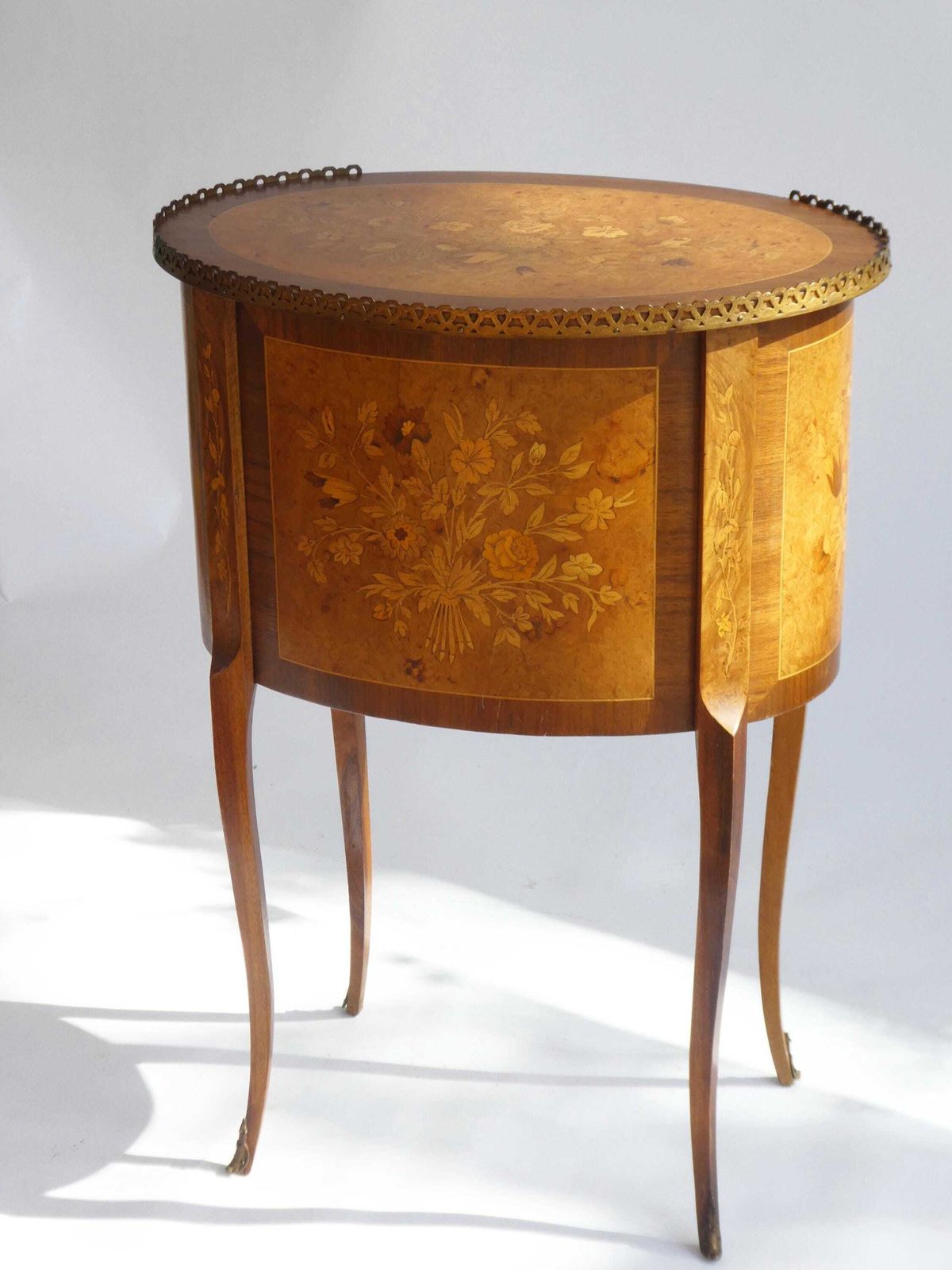 photo for sale Oval French Inlaid Louis XV Nightstand, Antique Marquetry Side Table, Chest With Drawers And Floral Details