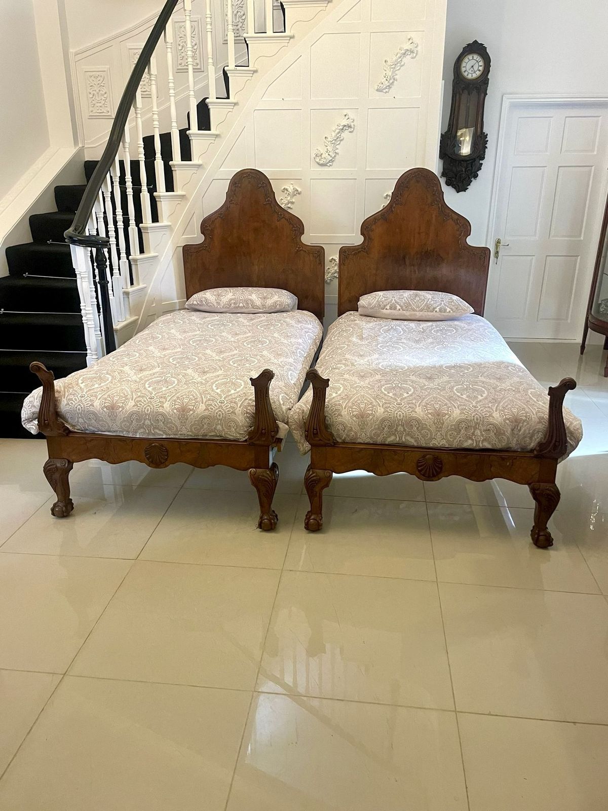 Antique Pair Of Quality Carved Burr Walnut Single Beds