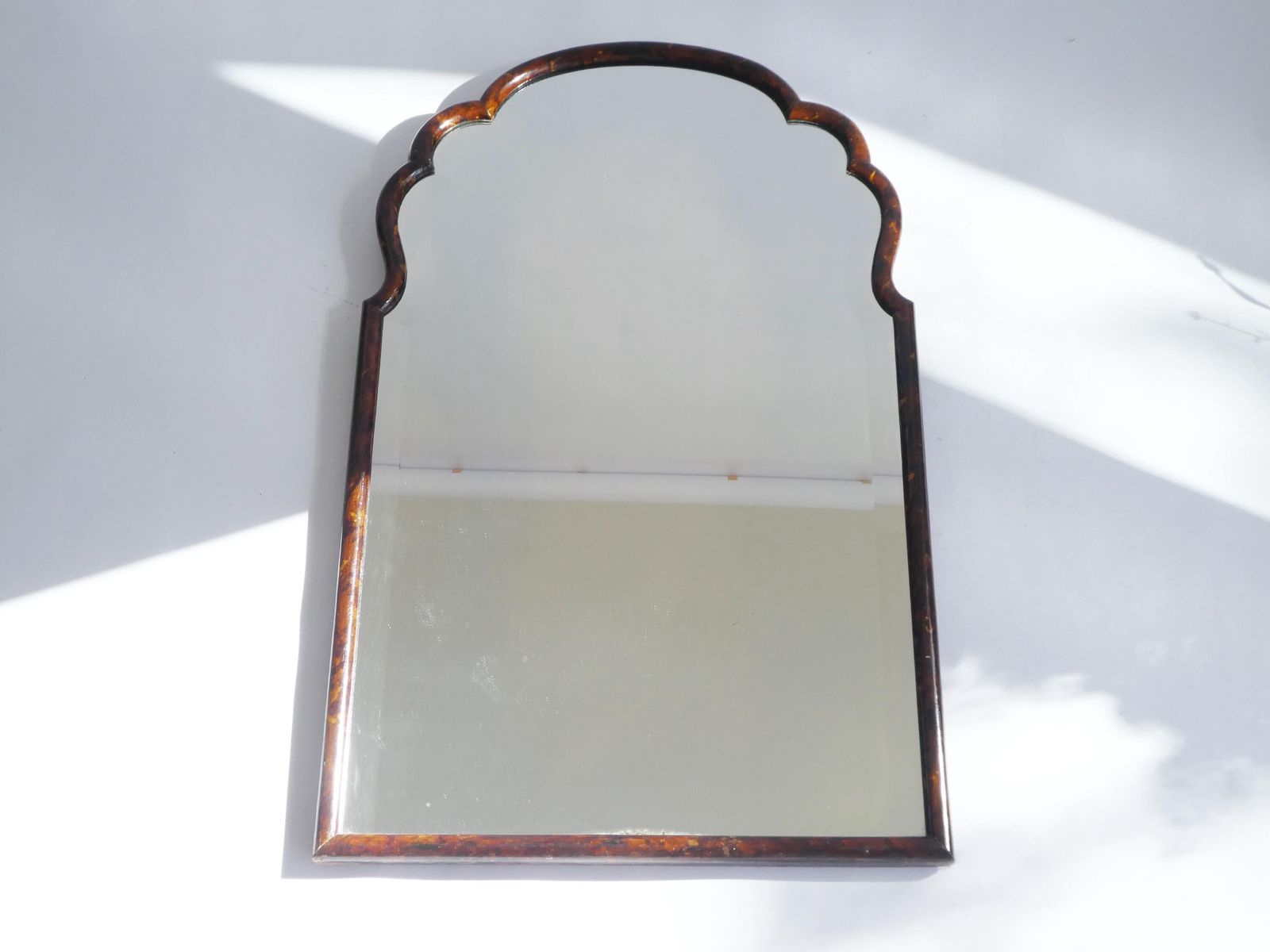 Antique Large Wooden Scalloped Lacquered Mirror, Dutch Wall Mirror With Beveled Glass, Farmhouse Wall Decor photo vinterior
