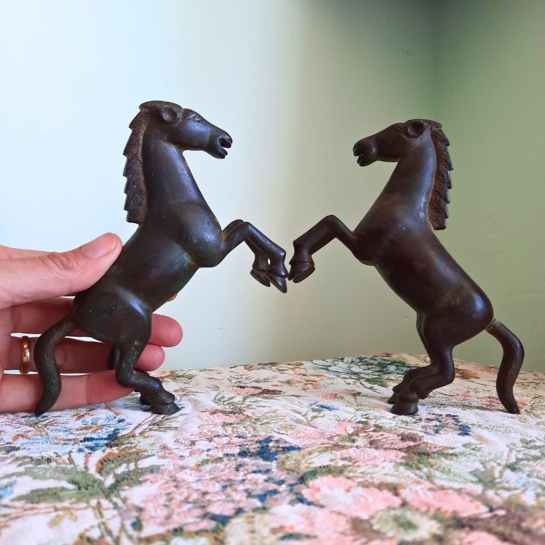 Mid Century Chinese Tang Style Bronzed Metal Galloping Horses Pair