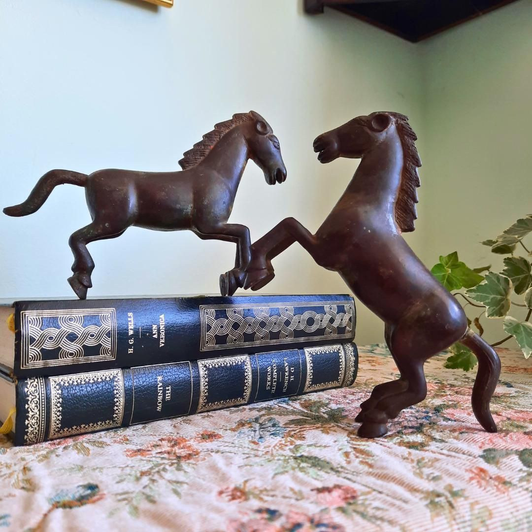 Mid Century Chinese Tang Style Bronzed Metal Galloping Horses Pair photo buy