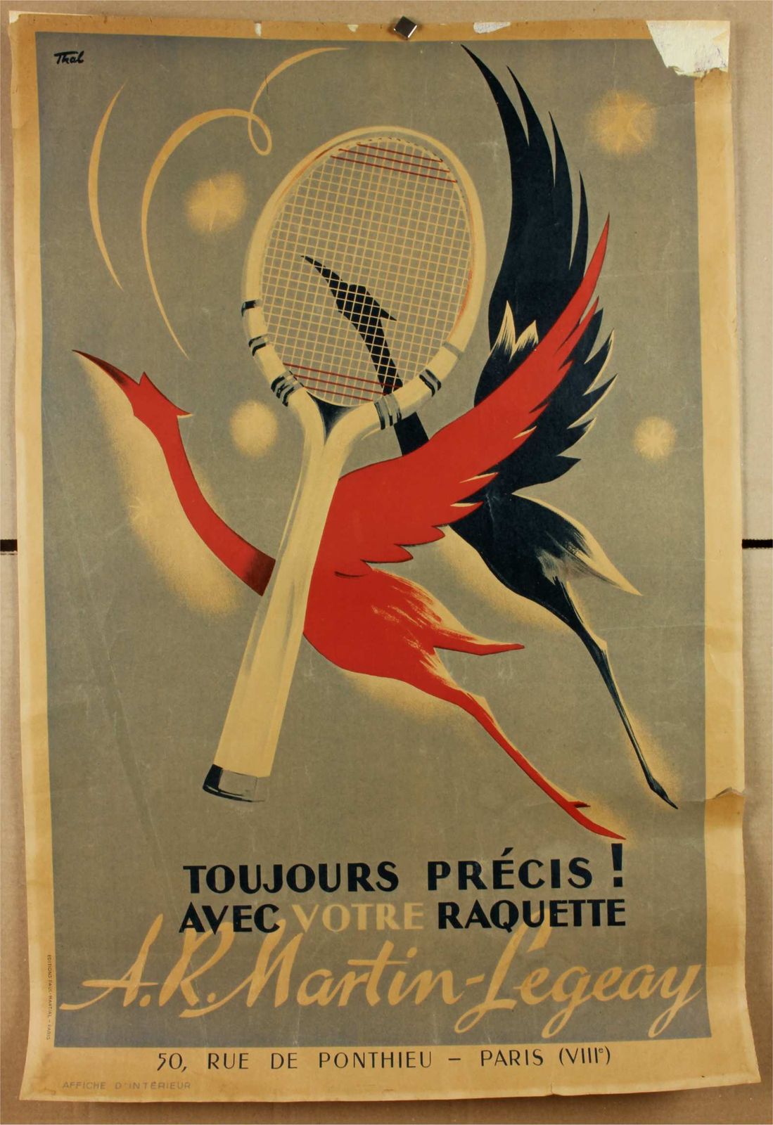 Antique Tennis Poster. French Martin Legeay Tennis Racket. Advertising. photo furniture