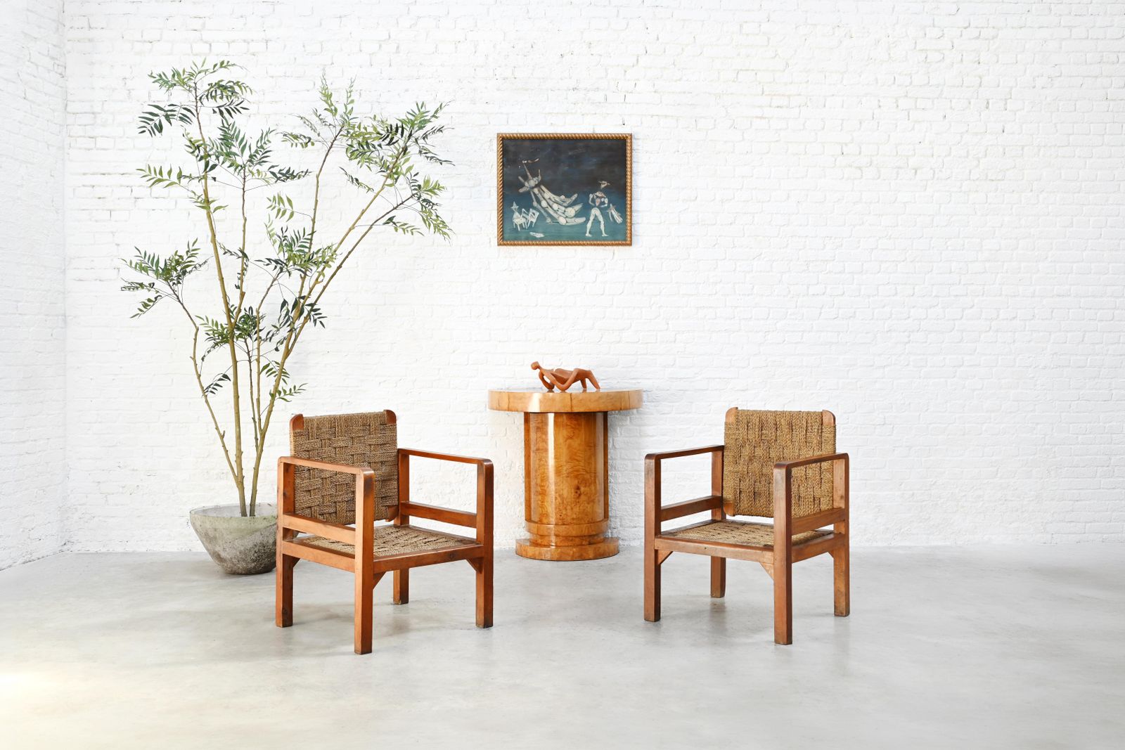 Pair Of French Oak And Woven Straw Armchairs, France, 1960s photo Furniture